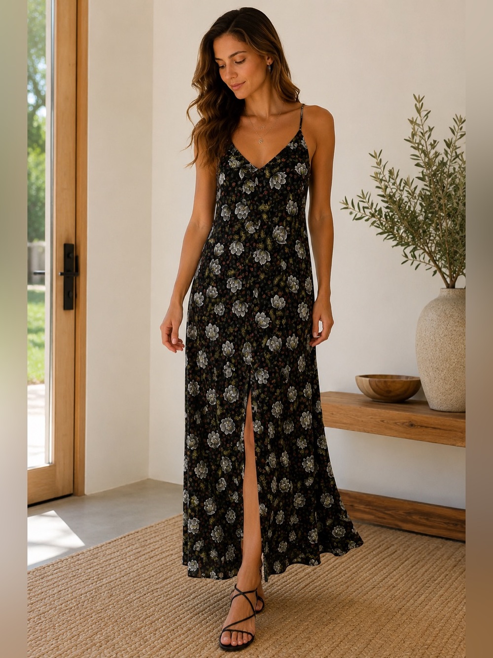 Smell the Roses Black Floral Racerback Slip Maxi Dress Slit Size S